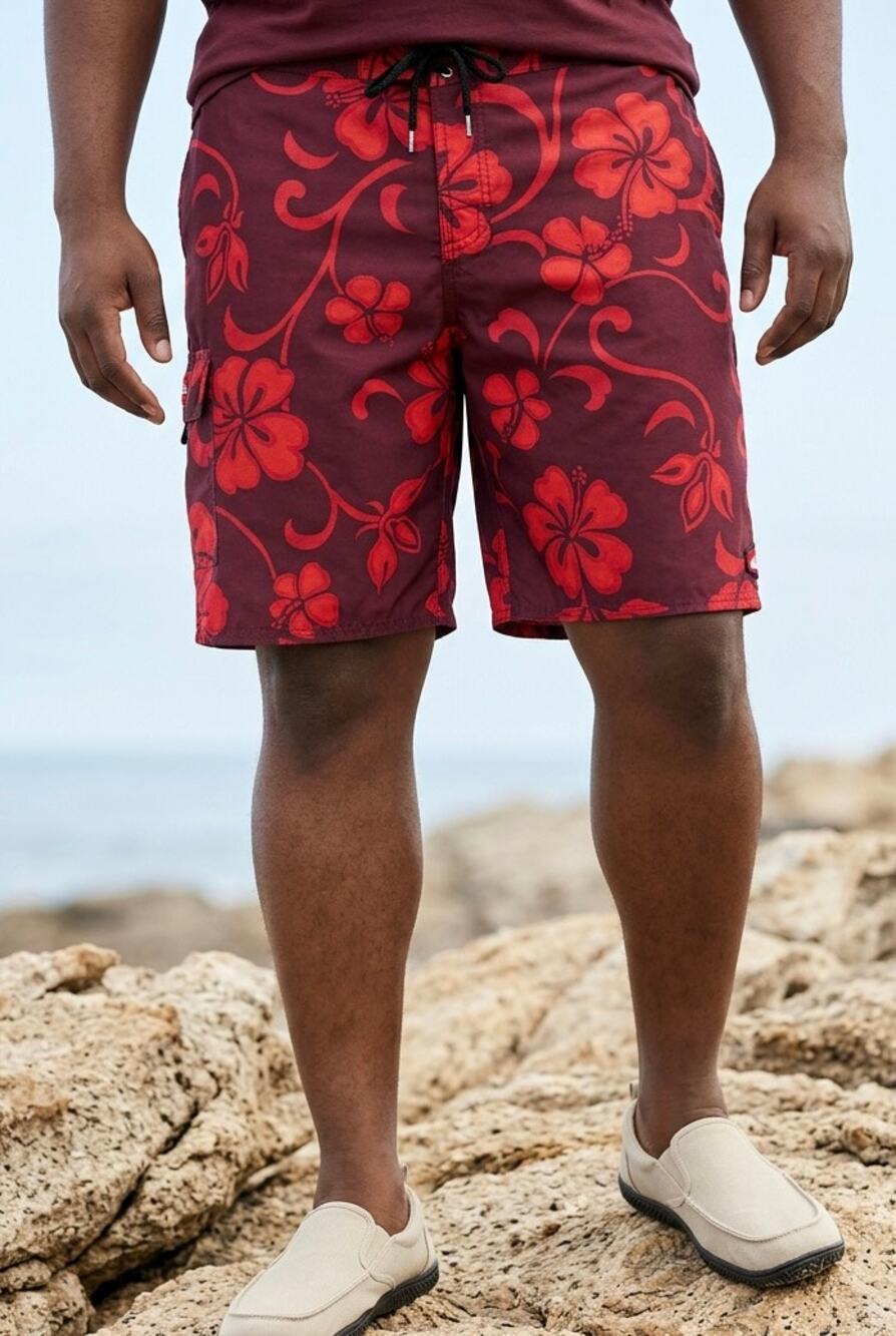 100% Cotton Board Shorts Mens Sz 30 Utility Y2K Hibiscus Print Surf Hawaiian